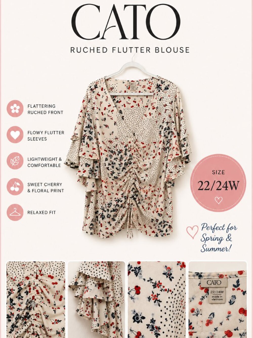 Cato Cherry Print Ruched Flutter Sleeve Blouse Plus Size 22/24W